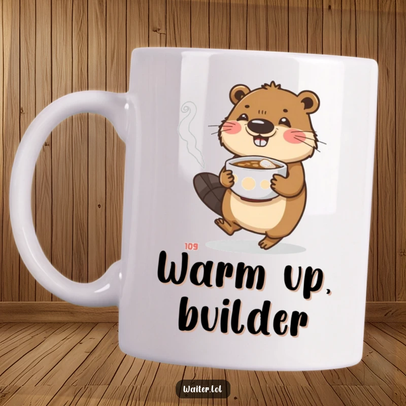 Funny beaver mug showing a busy character carefully carrying a steaming bowl, perfect for warm beverage humor.