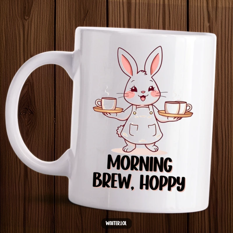 Funny mug with a happy bunny in an apron carrying a tray of steaming mugs, symbolizing cheerful service.