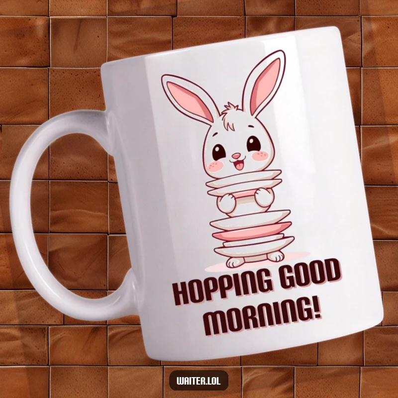 Funny mug with a happy bunny character precariously balancing a tall stack of plates, its ears wobbling with concentration.