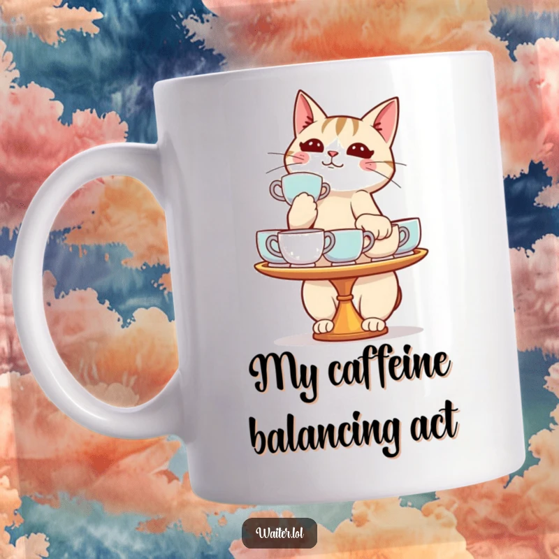 Funny cat mug showing a determined cat precariously balancing a tall stack of teacups, perfect for humor lovers.