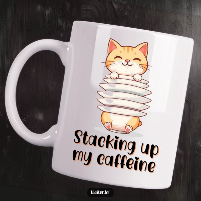 Funny cheerful cat balancing a huge stack of plates precariously, showcasing feline antics, a perfect funny gift mug.