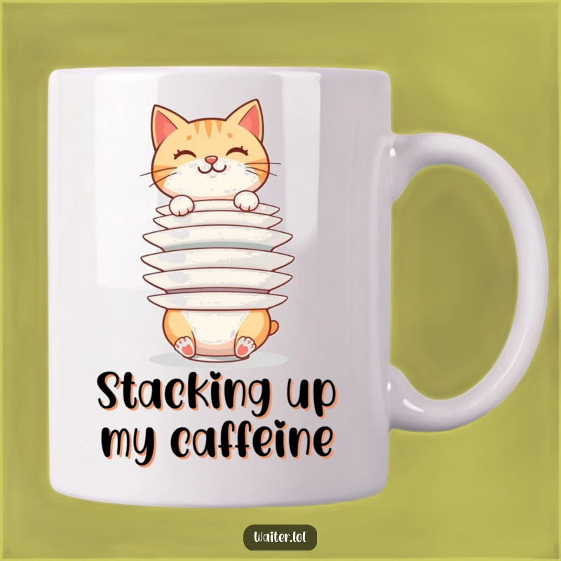 Funny Cat Plate Stacker Mug: Precarious Balance Art, Feline Chaos, Perfect Funny Gift