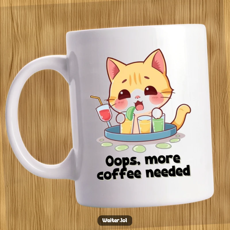 Funny mug depicting a playful cat character looking surprised after it has spilled a tray full of drinks with a tiny yelp.
