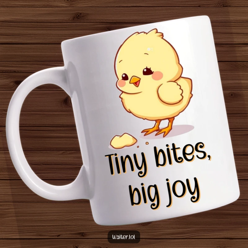 Funny mug with a fluffy chick character happily pecking at a dropped crumb, showcasing its pleased expression and tiny beak.