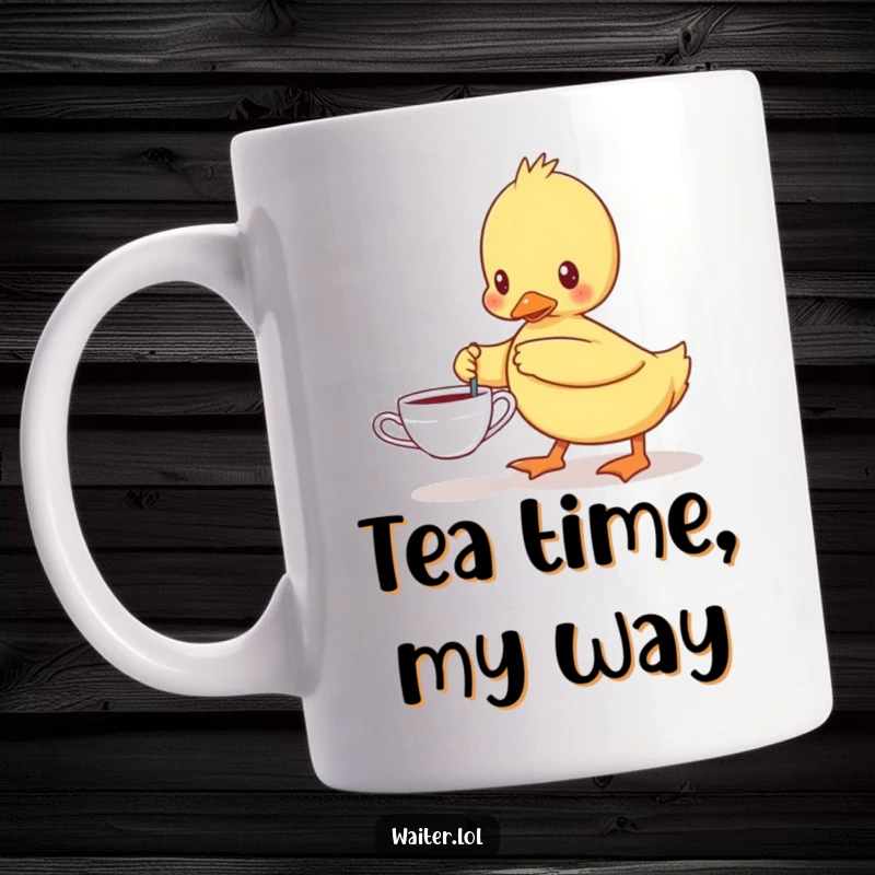 Funny mug with a determined duckling carefully carrying a single teacup, showcasing bravery and a love for tea.