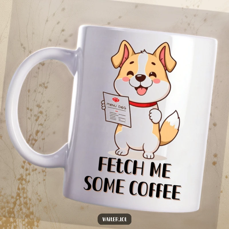 Funny mug with a cute dog character enthusiastically holding out a menu with a very happy, wagging tail.