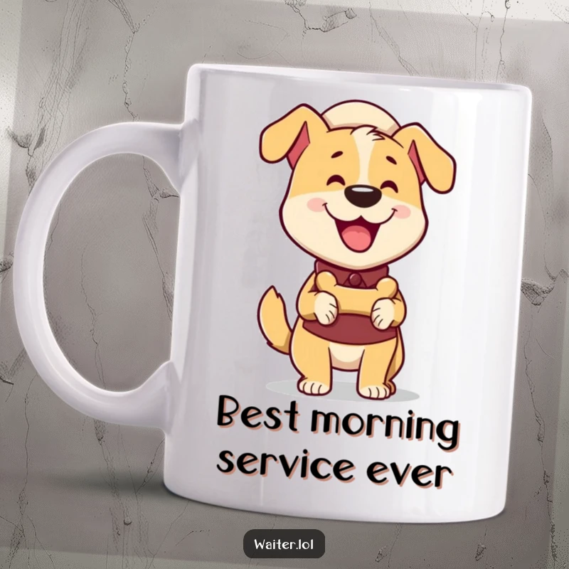 Funny Dog Waiter Mug: Happy dog with wagging tail enthusiastically delivers a bone-shaped treat, perfect for dog lovers.