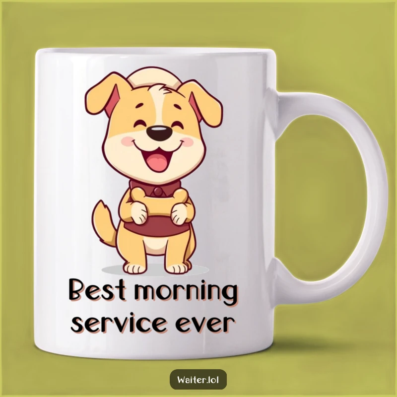 Funny Dog Waiter Mug: Enthusiastic Pup Delivering Treat is a Hilarious Gift