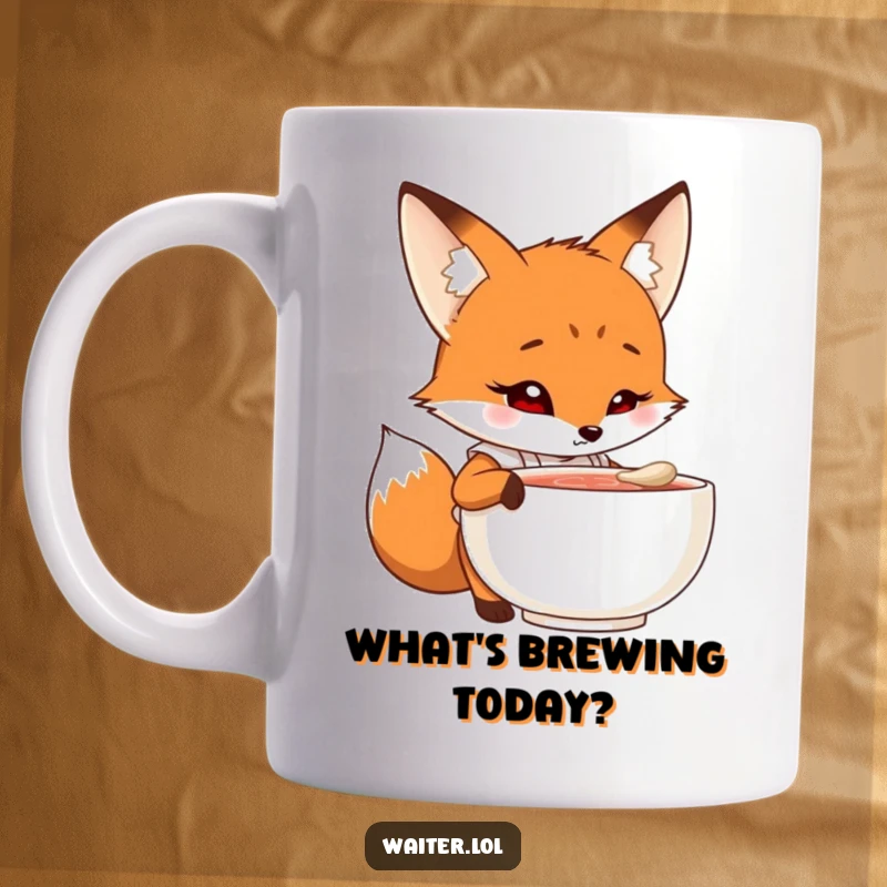Funny fox chef mug with a curious cartoon fox in an apron peering into a steaming bowl with intrigue, culinary explorer.