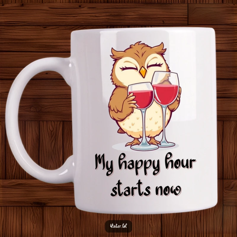 Funny mug featuring a giggling owl winking while polishing a wine glass, bringing joy and humor to your drinkware collection.