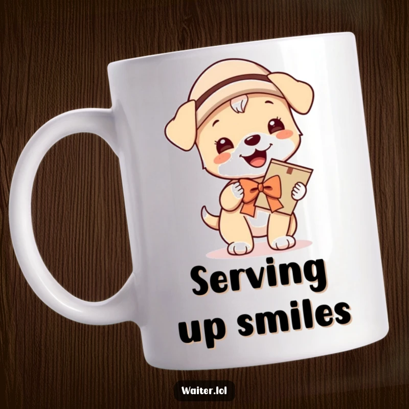 Funny mug showing a giggling puppy wearing a hat and bow, proudly carrying a single menu, embodying cheerful service and adorable hospitality.