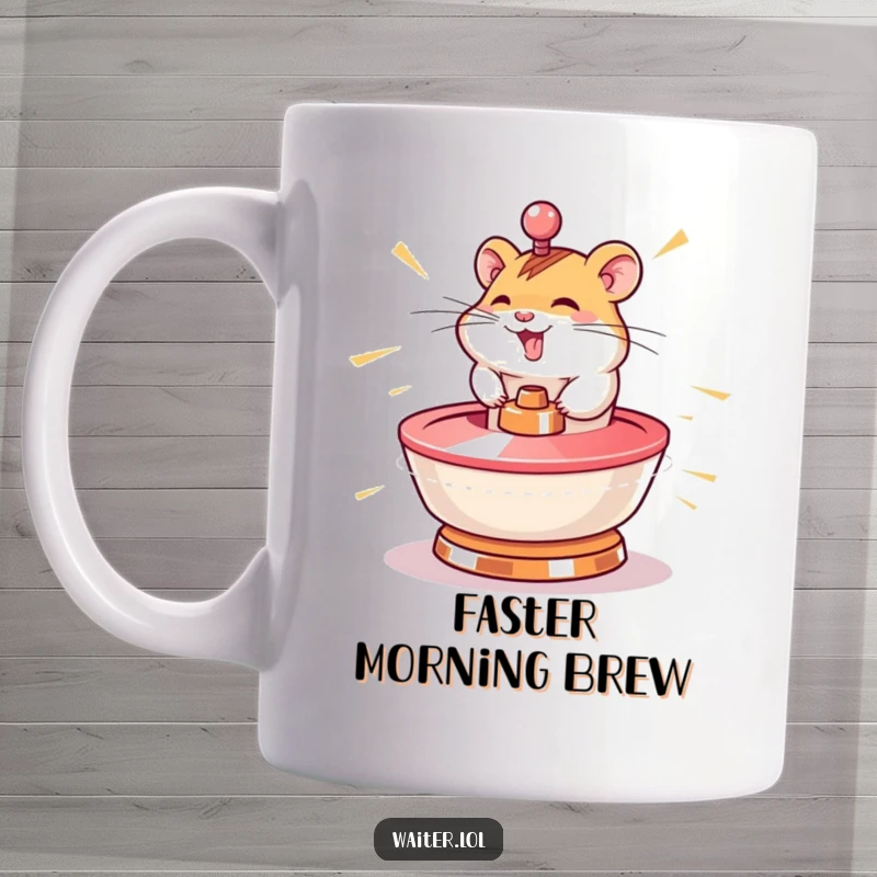Funny hamster mug showing a giggling character spinning a lazy susan at lightning speed, highlighting fast-paced humor.