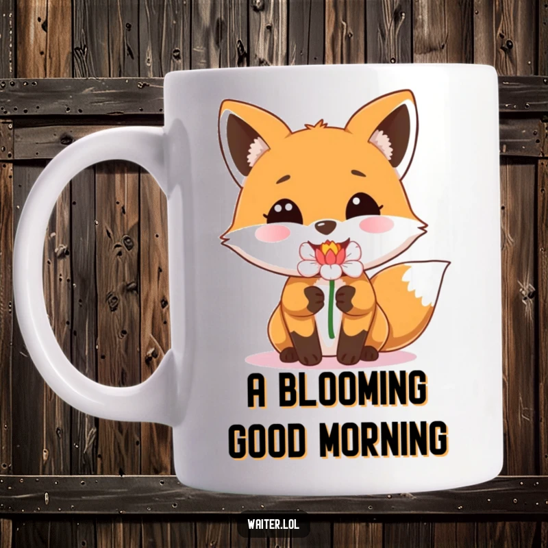 Funny mug with a happy fox wearing a beaming smile, delivering a single perfect flower, symbolizing kindness.