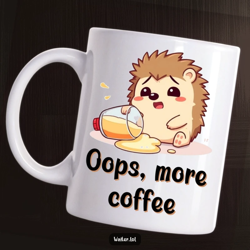 Funny Mug showcasing a happy hedgehog with wide, startled eyes, spilling a drink in a comical, messy mishap.