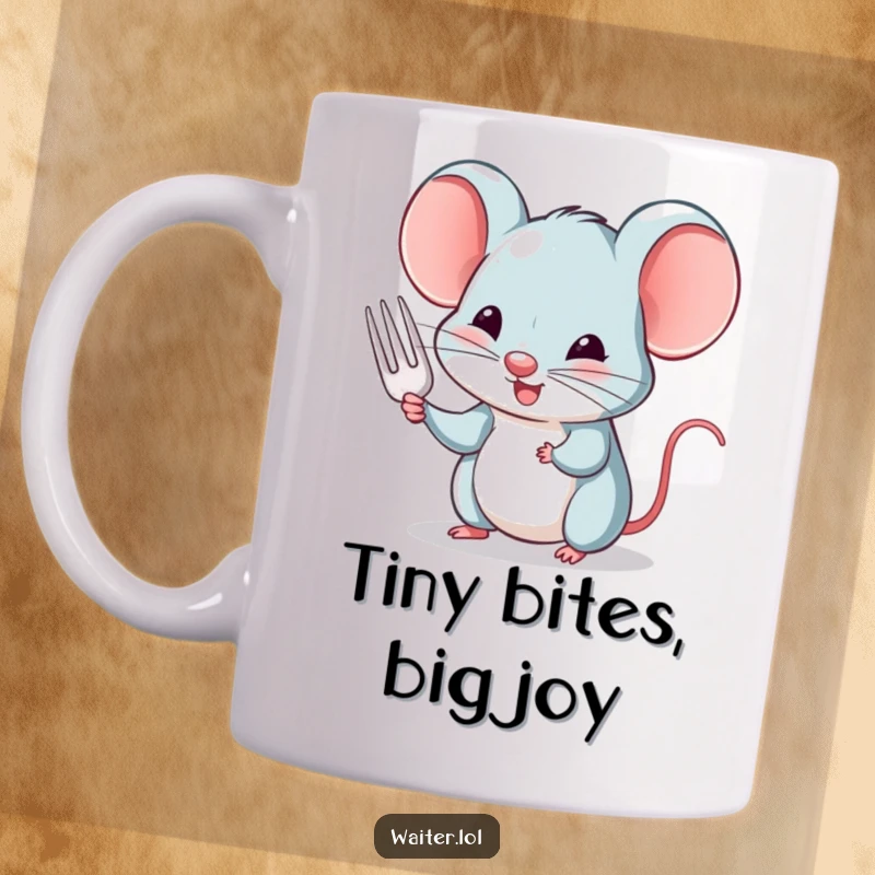Funny mug featuring a charming mouse politely offering a tiny fork with a nod, perfect for food lovers.