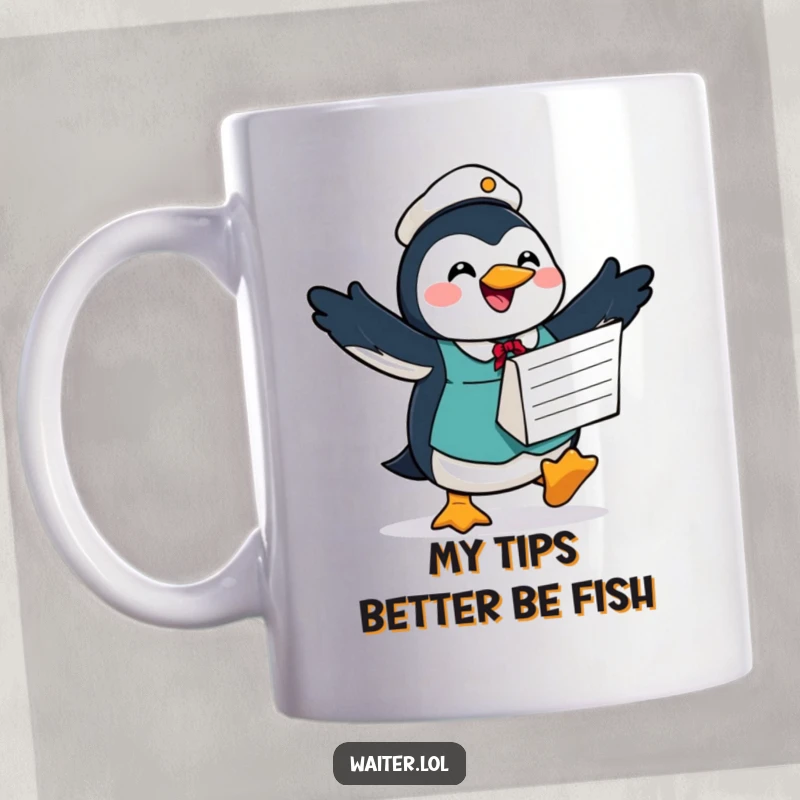 Funny mug featuring a joyful penguin waiter waddling with a large order form and a hopeful expression, ready to take your next hilarious order.