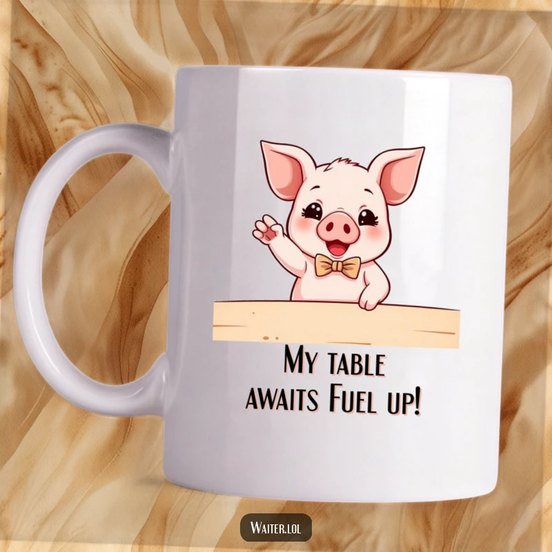 Funny Piglet Waiter Mug: A dapper piglet in a bowtie enthusiastically points to a table, ready to serve laughs.