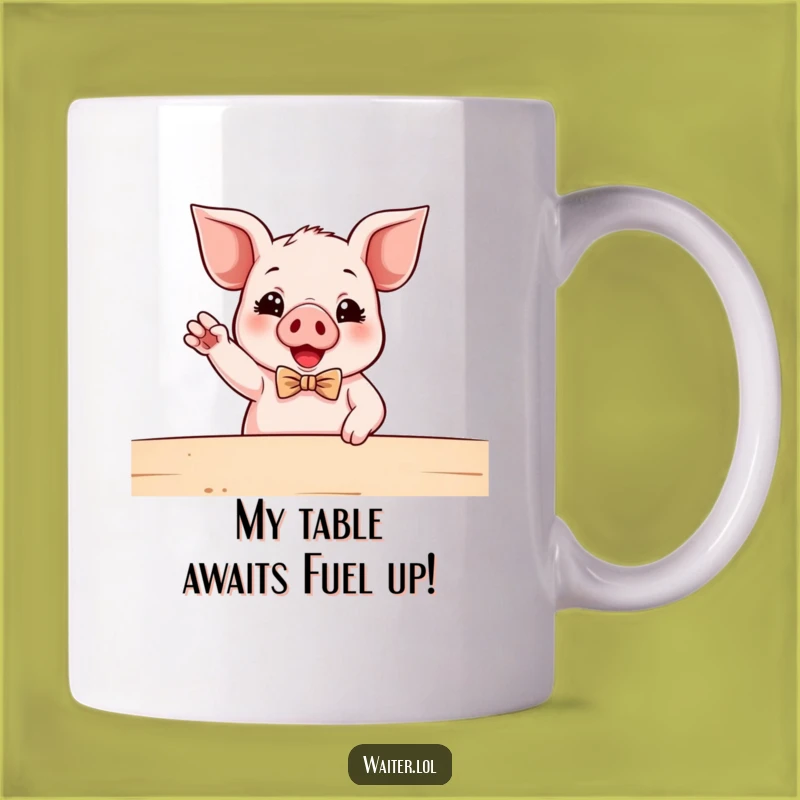 Funny Piglet Waiter Mug: Enthusiastic Bowtie Piggy Serving Up Humor as a Perfect Gift