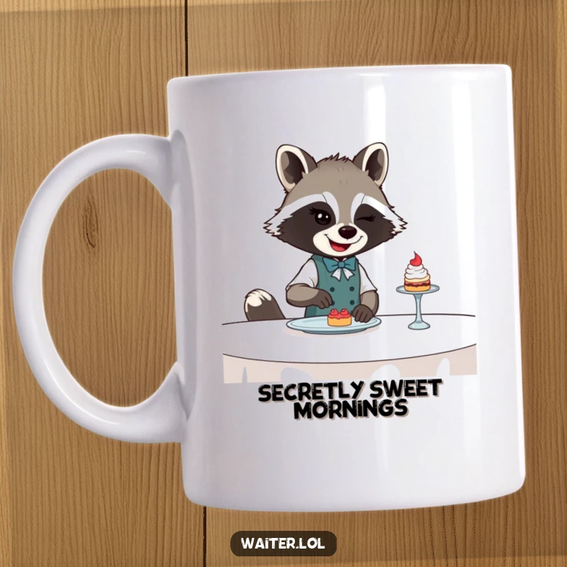 Funny Raccoon Waiter Mug: Winking raccoon in waiter attire slides a tiny dessert across a table with a sly, knowing glance.