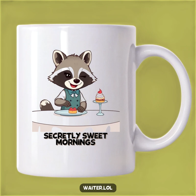 Funny Raccoon Waiter Mug: Winking Bandit Serving Dessert is a Hilarious Gift