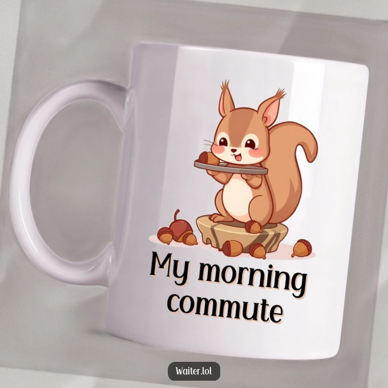 Funny Mug featuring a playful squirrel precariously balancing a tray overflowing with acorns, looking slightly stressed.