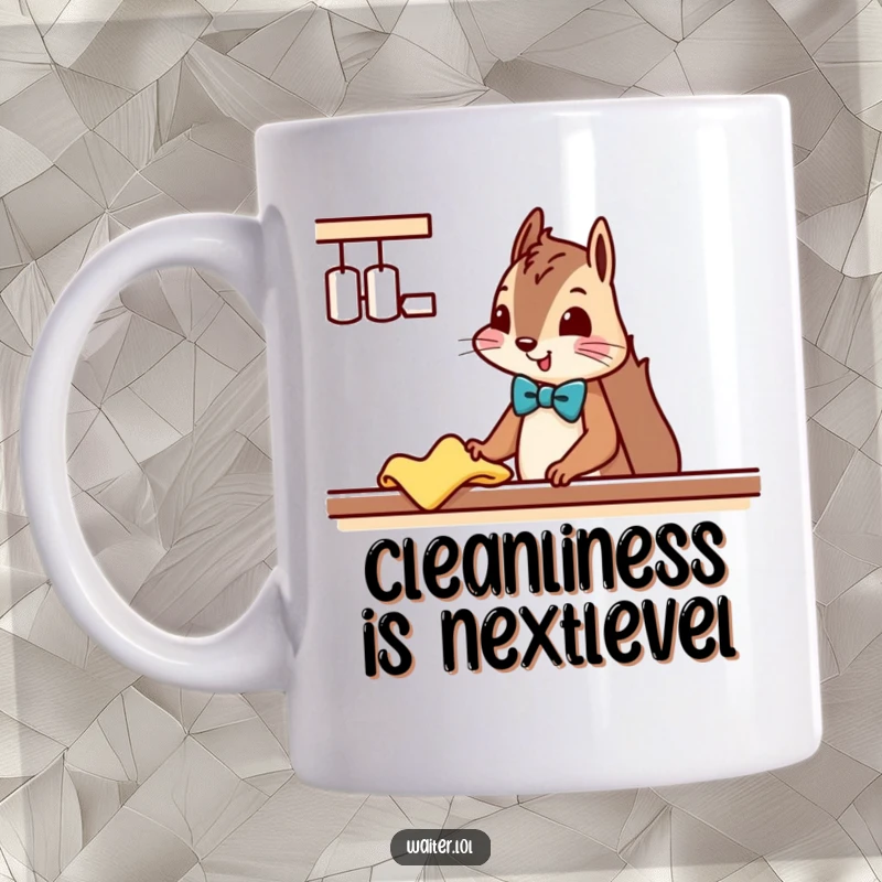 Funny Squirrel Cleaner Mug: A squirrel in a bowtie politely wipes a counter with a cloth, bringing neatness and smiles.