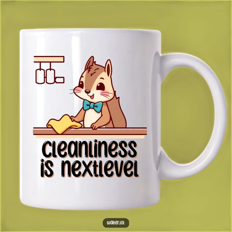 Funny Squirrel Cleaner Mug: Dapper Bowtie Squirrel Tidying Up Your Morning Coffee, A Great Gift