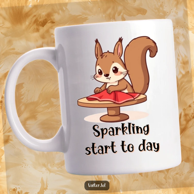 Funny squirrel cleaner mug featuring a determined cartoon squirrel diligently wiping a table with a red cloth, showcasing tidy effort.