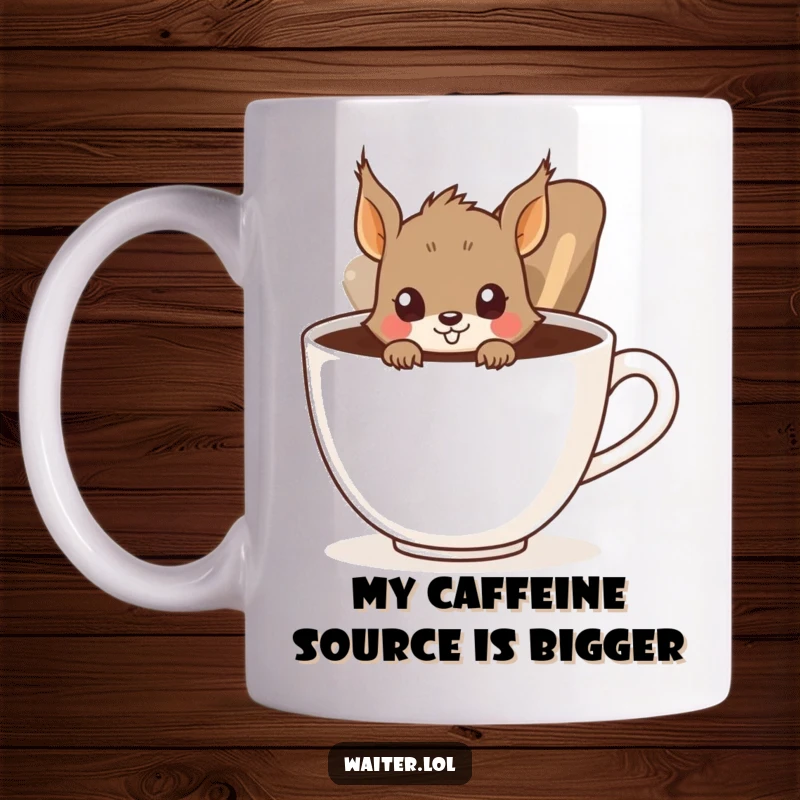 Funny Squirrel Mug: A curious squirrel peeks from behind a giant coffee cup, a humorous and relatable design for coffee lovers.