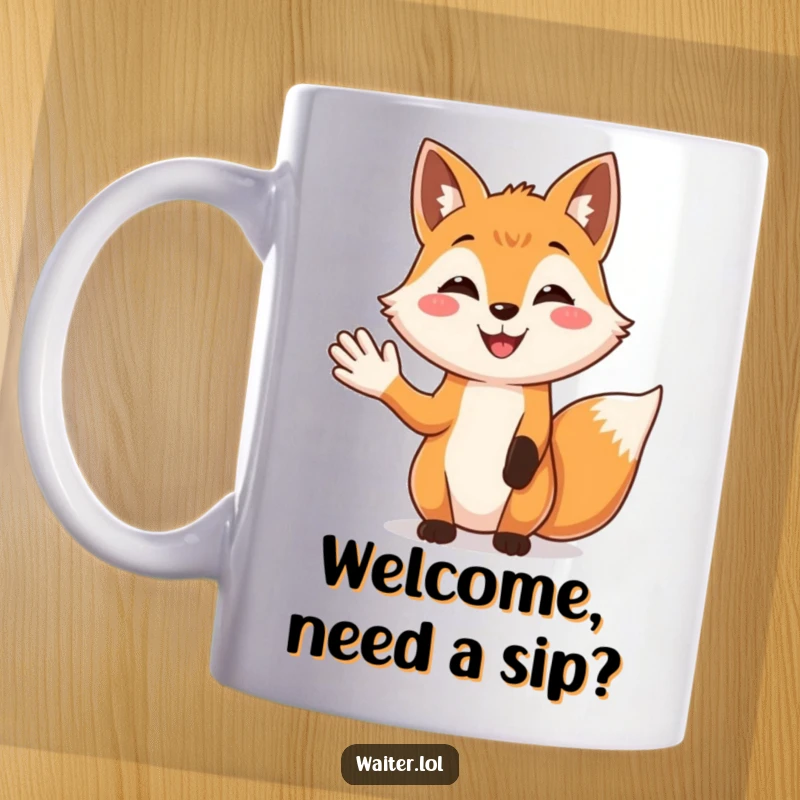 Funny Welcoming Fox Mug: A smiling fox extends a friendly open palm, inviting guests with warmth and charm.