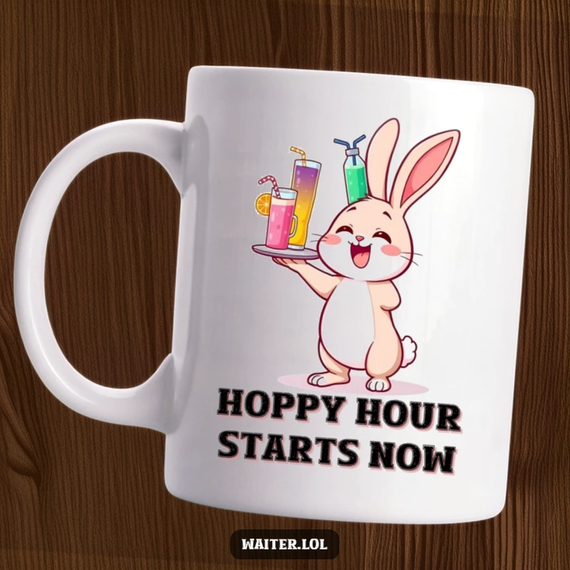 Funny mug with a cheerful bunny delightedly wobbling while balancing a towering tray of colorful drinks.