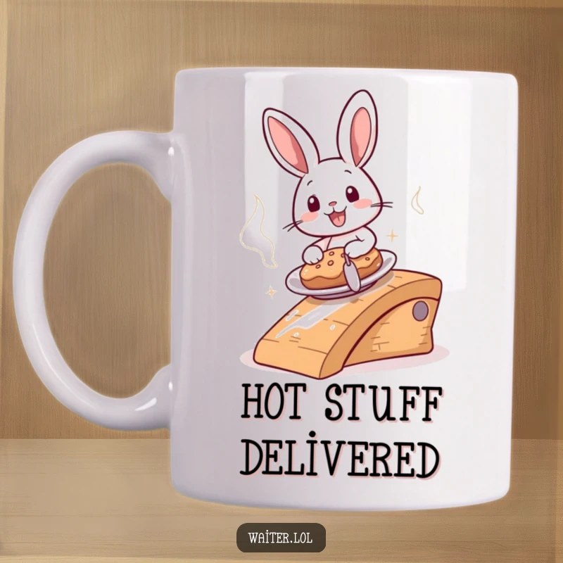 Funny cheerful bunny sliding a steaming plate down a ramp on a mug, depicting speedy, happy food service.