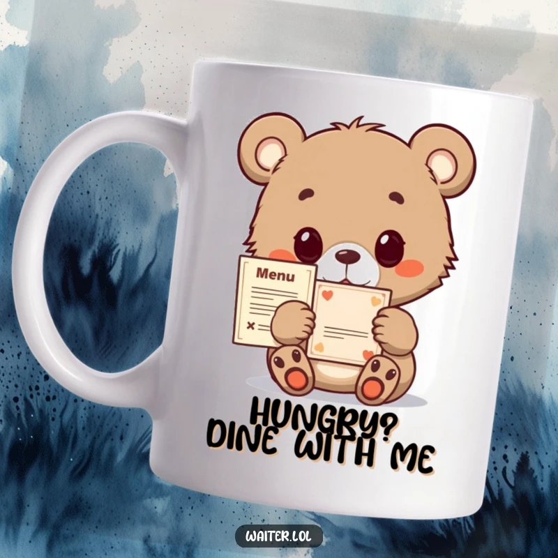 Funny bear cub mug offering a tiny menu with wide, hopeful eyes, inviting you to order with adorable, gentle charm.