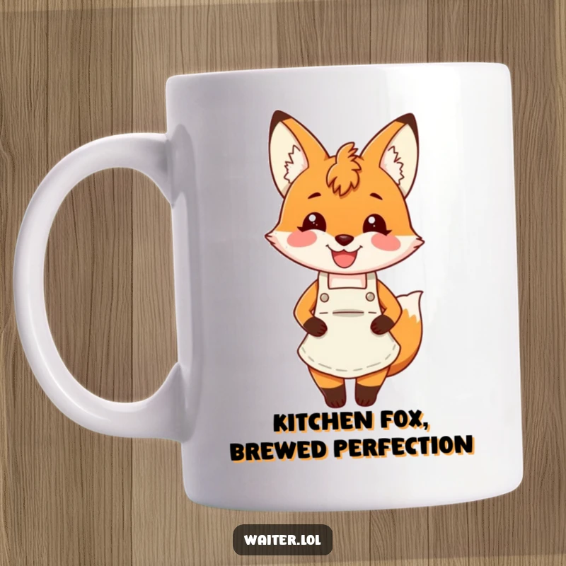 Funny fox apron mug featuring a charming fox wearing an apron and smiling broadly, conveying warmth and joy.
