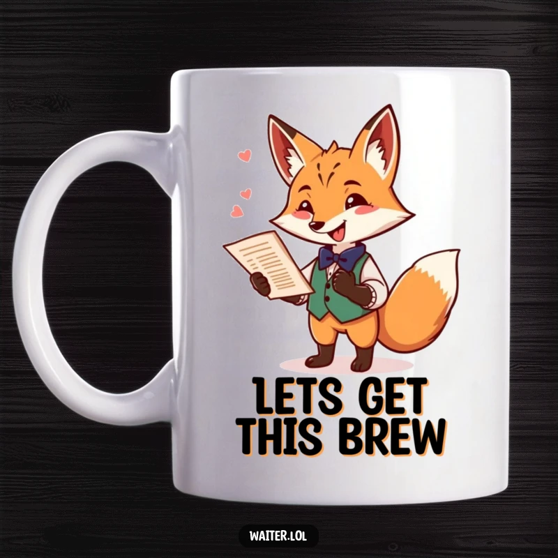 Funny fox waiter mug showing a playful fox in a waiter uniform, offering a menu with a flourish and a mischievous twinkle.
