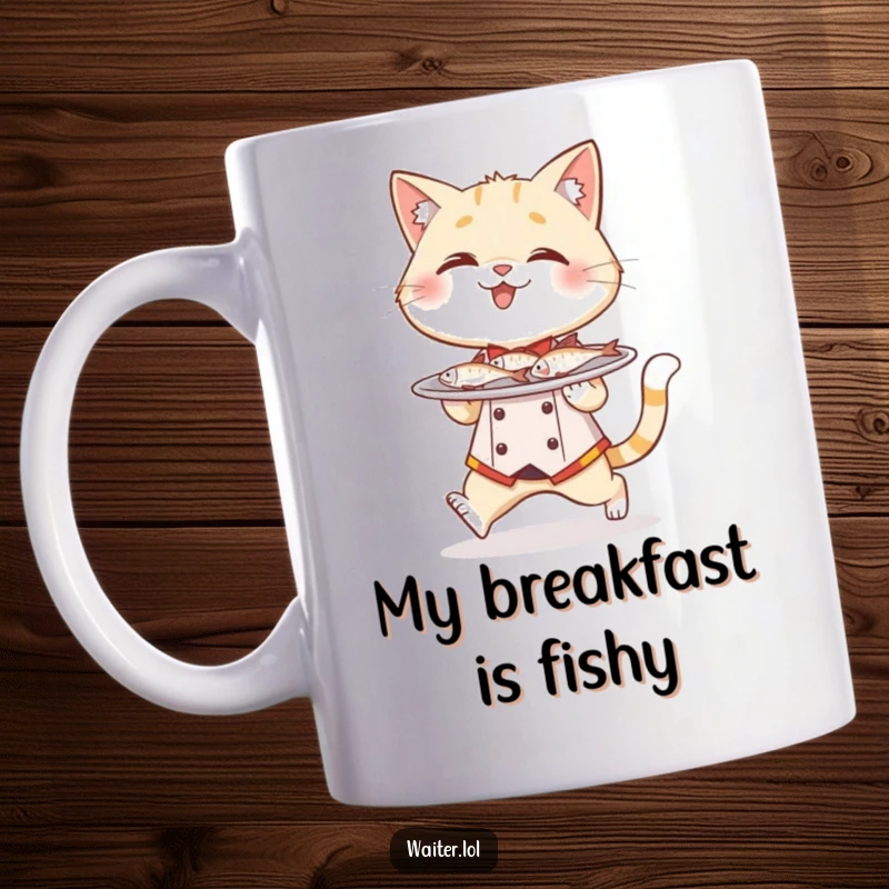 Funny cat waiter mug, a giggling cat wearing a tiny waiter uniform tiptoes with a plate of miniature fish.