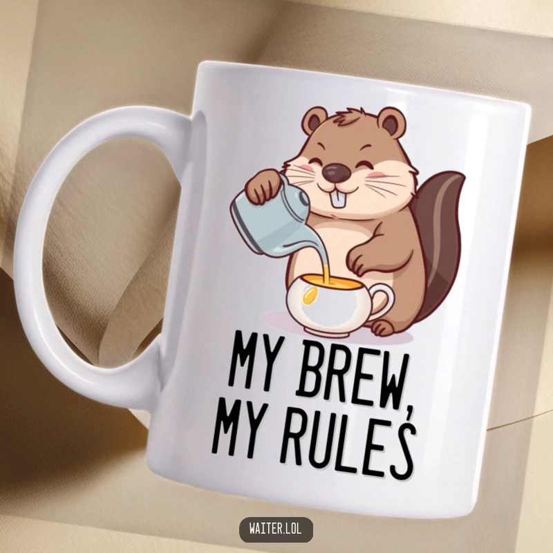 Funny beaver tea time mug, a determined beaver carefully pouring from a teapot, precise and humorous craftsmanship.