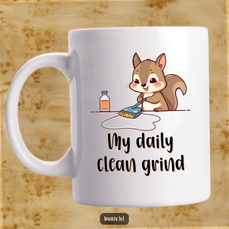 Funny squirrel mug showing a determined squirrel scrubbing a table with a cloth, perfect for neat freaks and animal lovers.