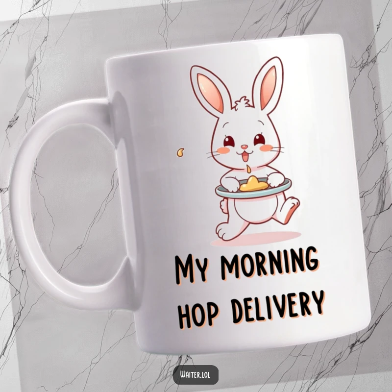 Funny Mug with a playful bunny hopping with a tray, and a single spill artfully contained, symbolizing carefulness and humorous mishaps.