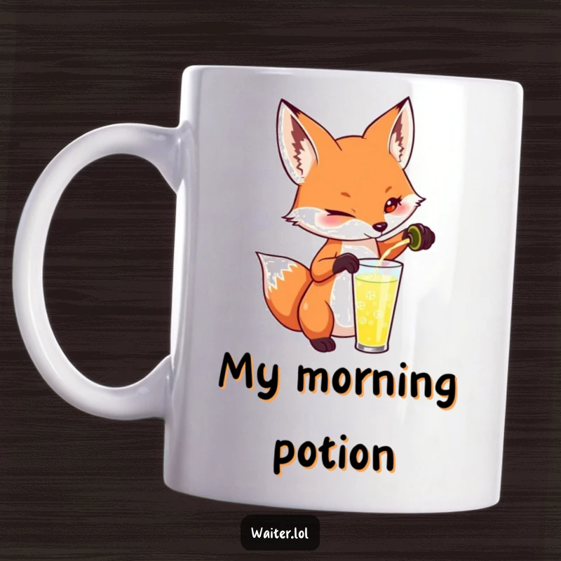Funny fox mug showing a playful fox pouring a drink with a mischievous twinkle in its eye, perfect for witty gift seekers.