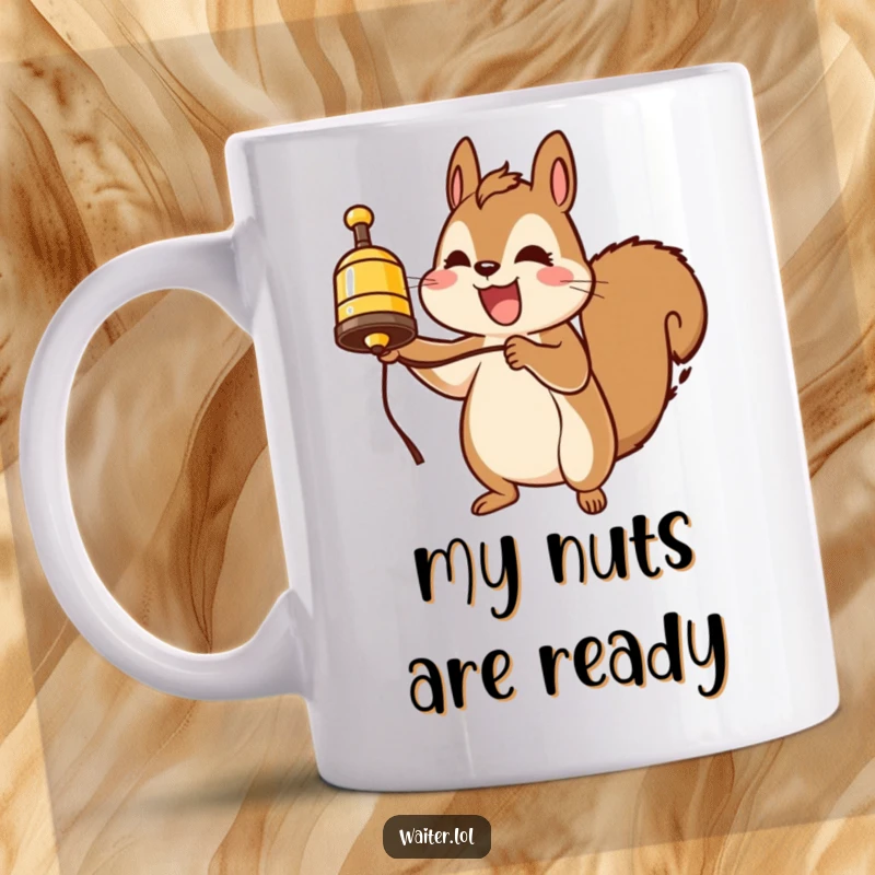 Funny squirrel service bell mug, cheerfully ringing a tiny bell, inviting attention and smiles, a cute and funny gift.