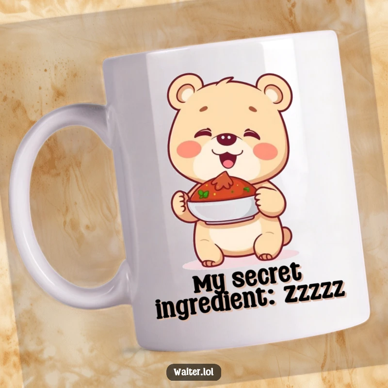 Funny mug with a giggling bear cub proudly presenting a dish, radiating joy and accomplishment in an adorable illustration.