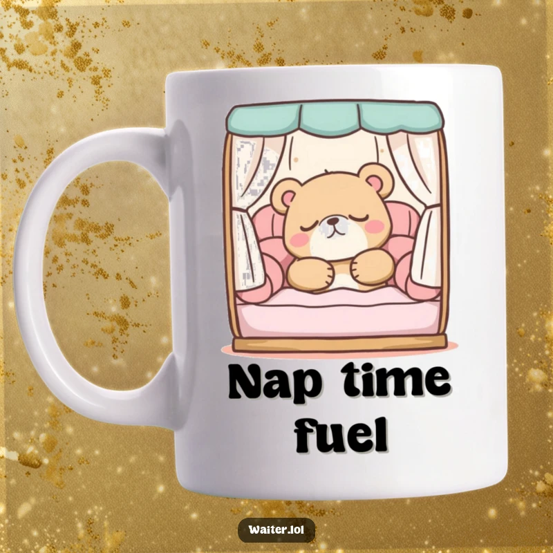 Funny mug showing a sleepy bear character peacefully snoozing in a comfortable booth, radiating pure relaxation and coziness.