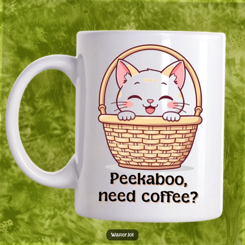 Funny mug with a smiling cat playfully peeking out from behind a napkin basket, embodying feline curiosity and humor.