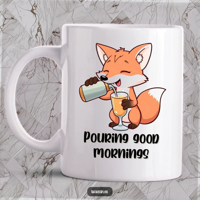 Funny playful fox pouring a drink with an exaggerated flourish, acting as a charming bartender, a perfect funny gift mug.