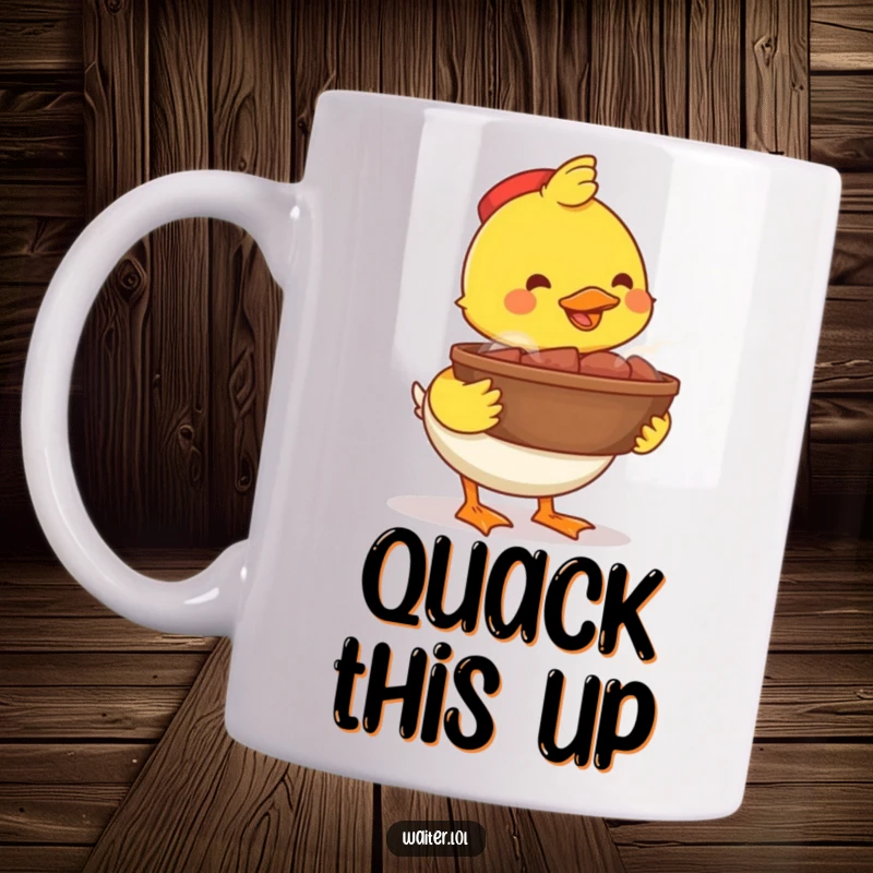 Funny happy duck bowl mug, a duck beaming with pride, carrying a large steaming bowl of food, a joyful and humorous scene.