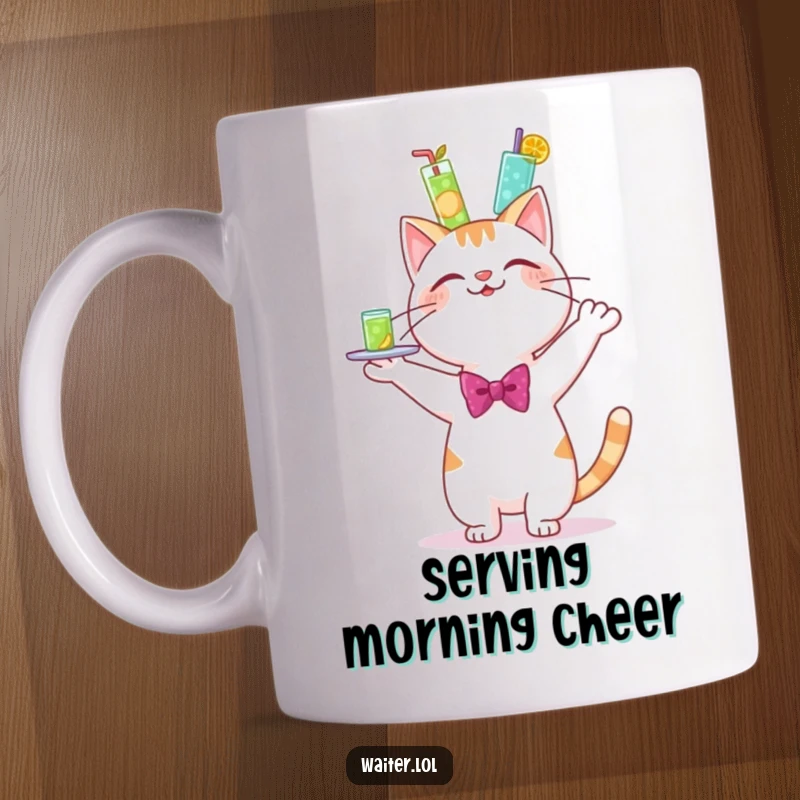 Funny mug with a cheerful cartoon cat in a tiny bowtie, happily wobbling a huge tray of drinks.