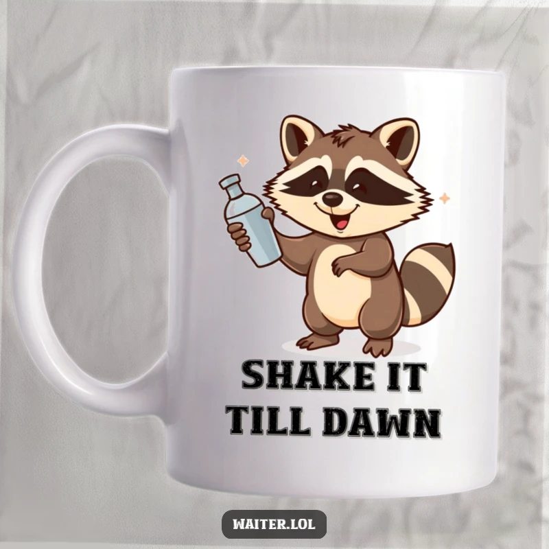 Funny Raccoon Bartender Mug: A playful raccoon energetically spins a cocktail shaker with a flourish, ready to mix drinks.