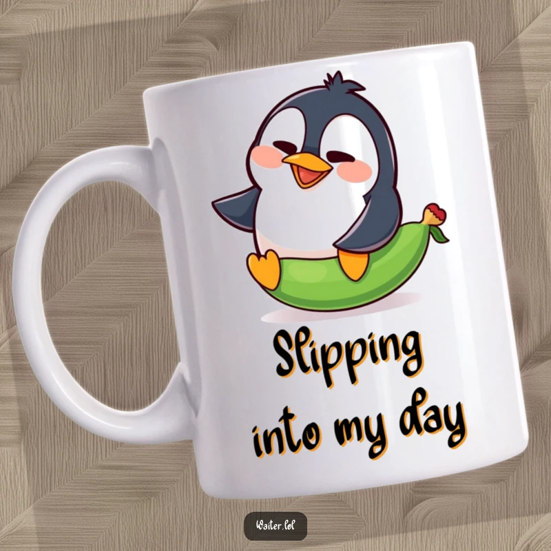 Funny penguin mug showing a goofy penguin comically slipping on a pea with an exaggerated squawk.