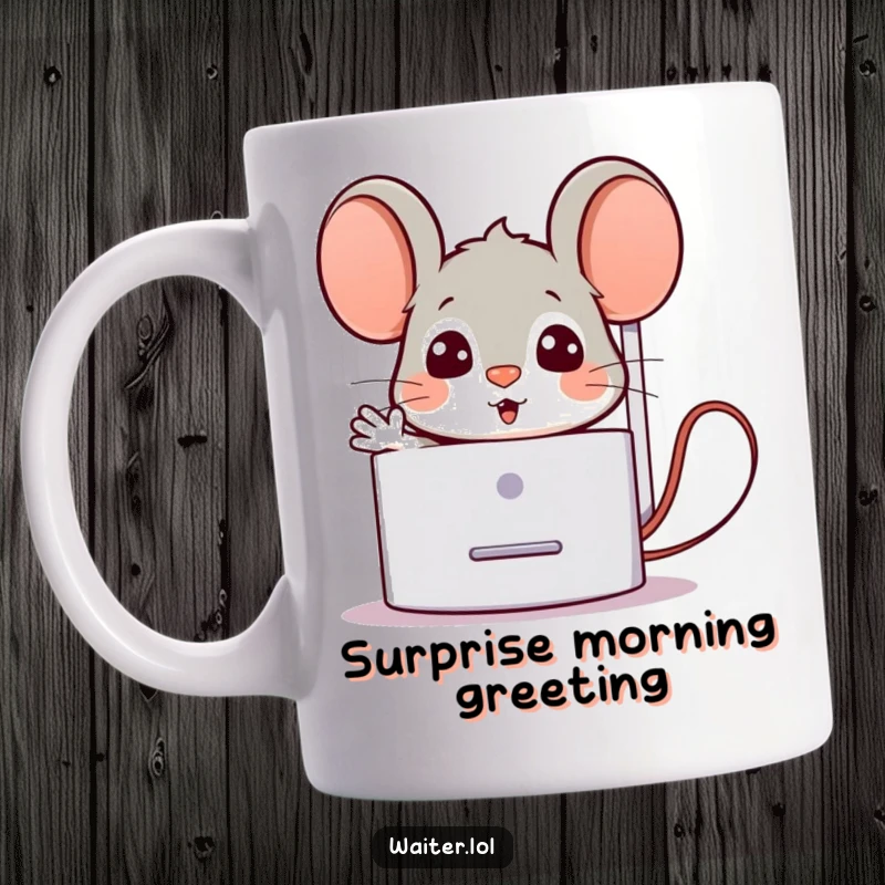 Funny Mug featuring a surprised cartoon mouse popping out from behind a napkin dispenser with a welcoming gesture, symbolizing friendly greetings and surprise.